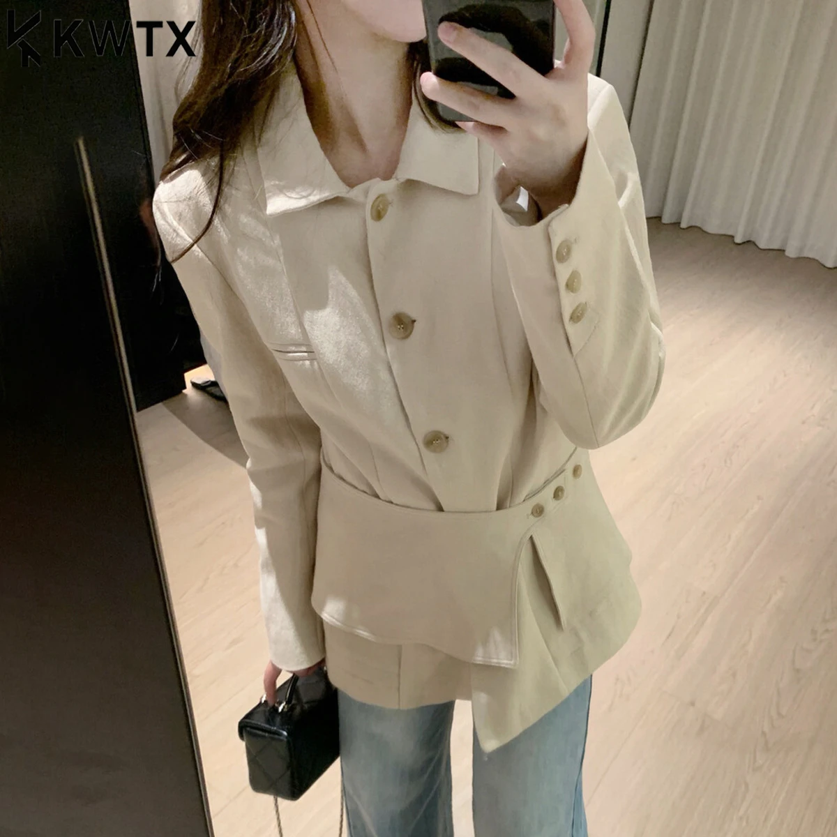 

KWTX 2025 Women's Blazer Waist Belt Casual Spring Autumn Single-Breasted with Waist Belt Pockets Vintage Elegant Luxury