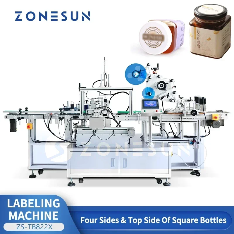 ZONESUN ZS-TB822X Automatic Square Bottle Body & Caps Labeling Machine Top & Wrap-Around Labeling Applicator