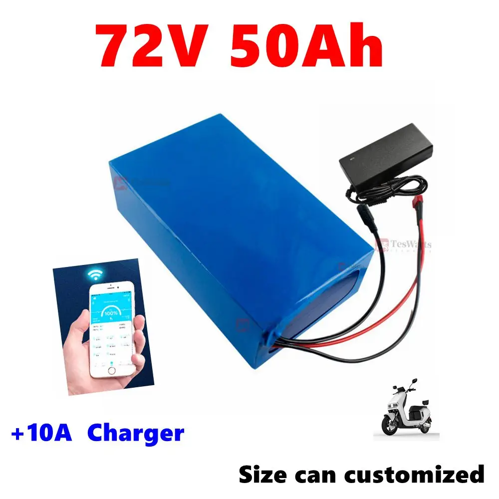 Lithium-ion 72V 50Ah avec Bluetooth pour Vélo, Scooter, Moto, Camion-grue, Chargeur 10A, 5000W, 10kW