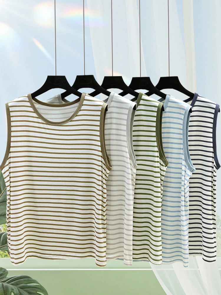 Modal Men's Striped Tank Top Summer Thin Casual round Neck Sport Shoulder Pad Breathable Sweatshirt for Home And Outdoor Wear
