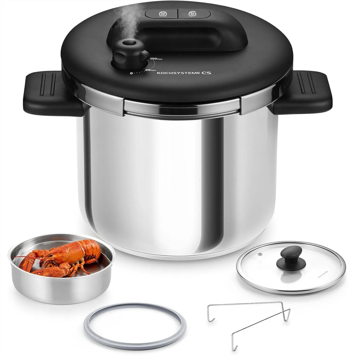 

Stainless Steel Pressure Cooker 6.3 QT, Easy One-Press Lock, 3 PSI Settings, Induction Compatible, Glass Lid & Steamer Rack