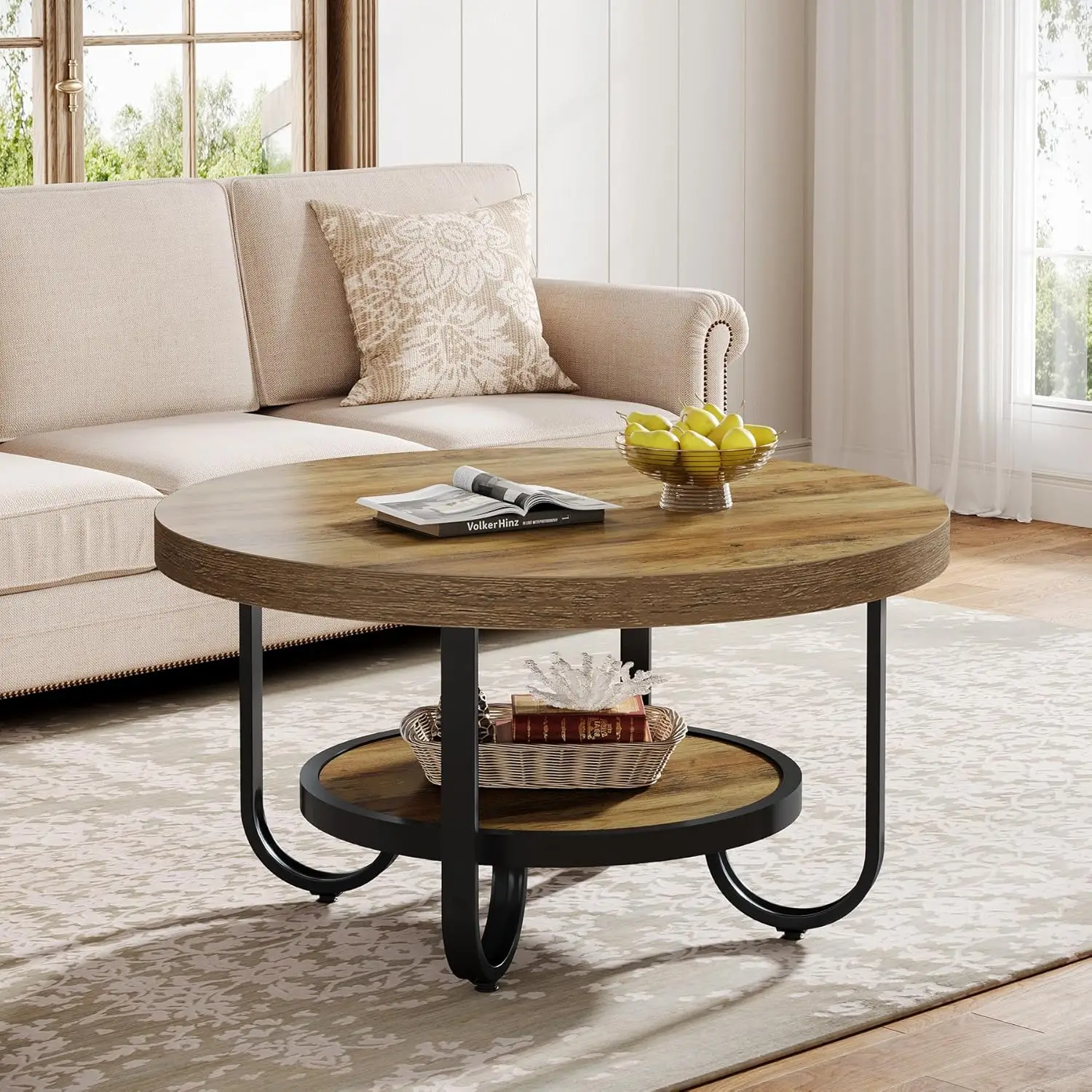 Round Coffee Table, 31.5 Modern Wood Circle Center Table with Storage Shelf and Metal Frame, 2-Tier Industrial Accent