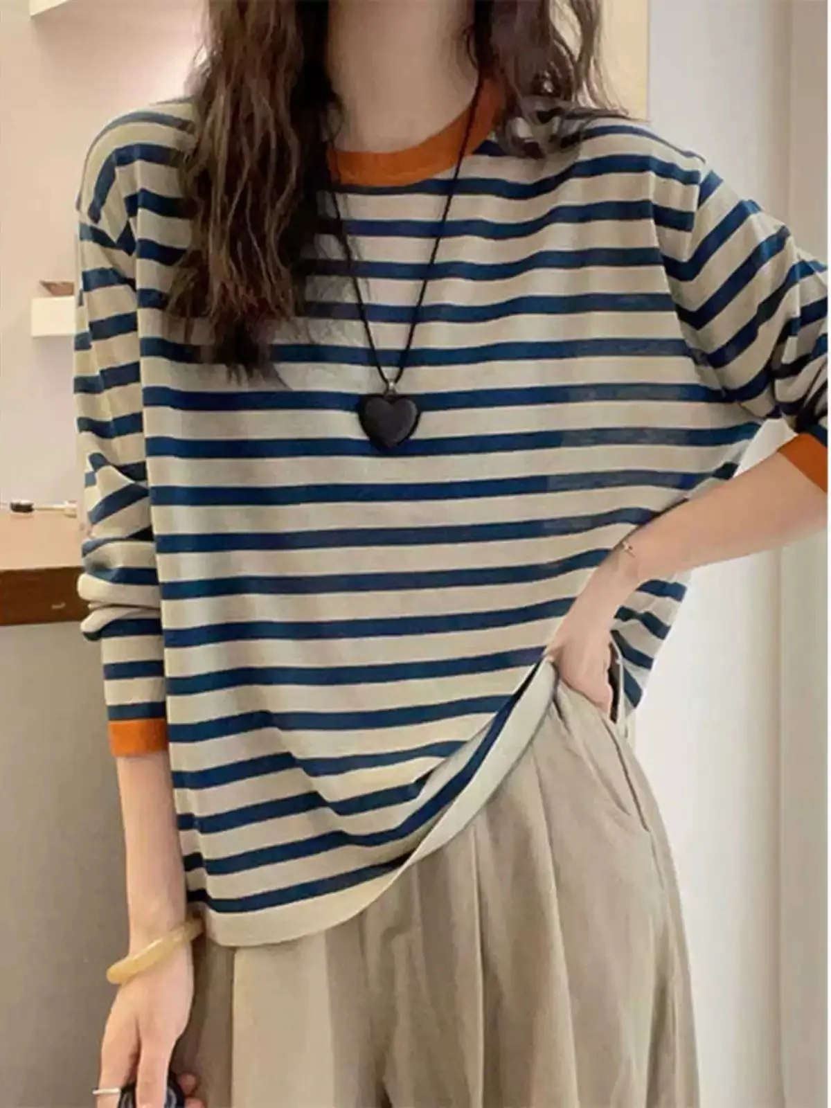 New European goods contrast striped round neck sweater women's thin loose versatile bottoming shirt top tide