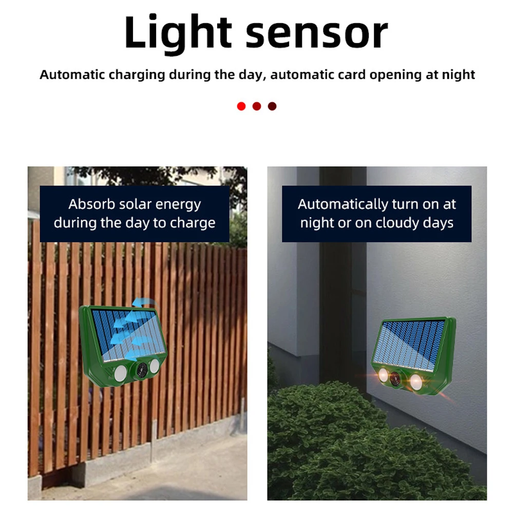 Solar Powered Ultrasonic Animal Repellent USB Charging Waterproof Animal Deterrent Strong LED Flashing for Yard Control Drive