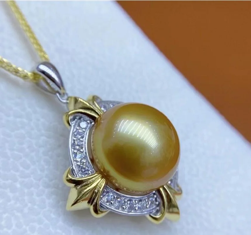 

NEW HUGE AAAA 11-10MM SOUTH SEA ROUND GOLDEN PEARL PENDANT NECKLACE18" 925s