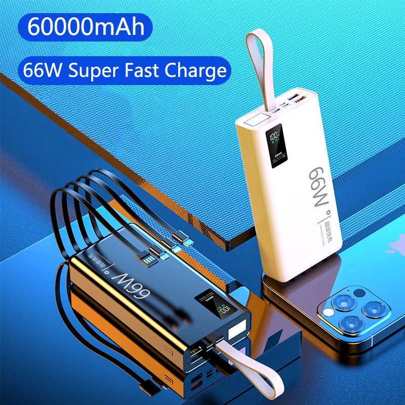 66W Fast Charging Power Bank 60000mAh For Huawei P50 40 Portable Battery Charger For iPhone Samsung Xiaomi Powerbank with Cable