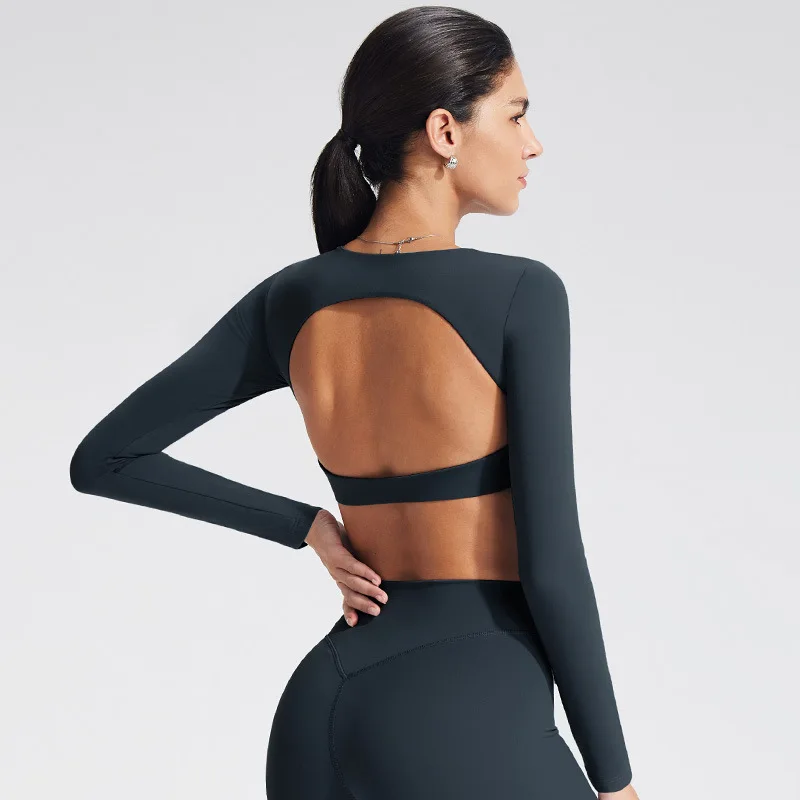 NCLAGEN-Top de Yoga con sujetador incorporado, ropa de gimnasio de manga larga para mujer, camiseta de entrenamiento sin espalda, camiseta de Fitness transpirable de alta elasticidad
