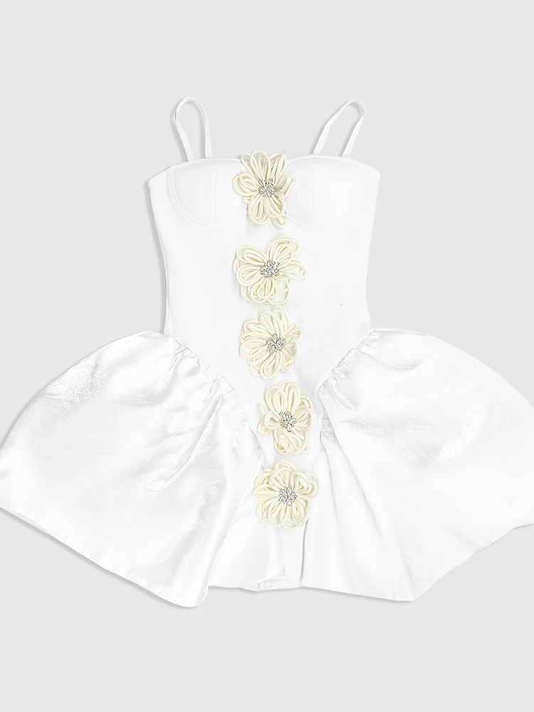 Sexy bretelles Spaghetti 3D fleur robe de bal femmes noir blanc sans manches Patchwork Mini robes Cocktail soirée Club robe de soirée