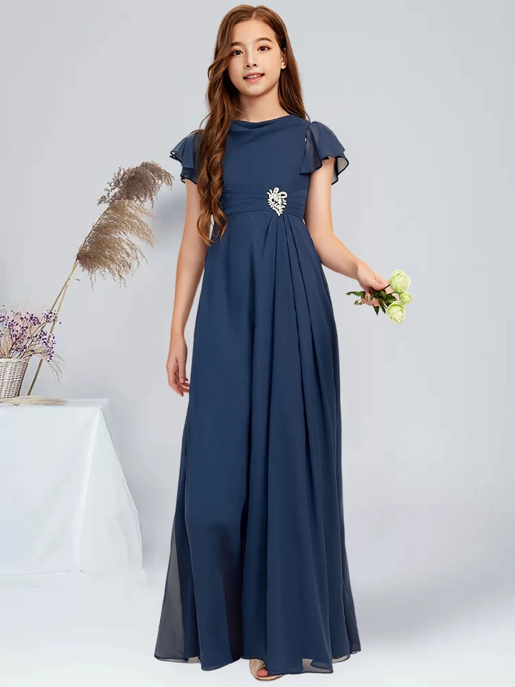 A linha colher até o chão chiffon júnior vestido de dama de honra com strass azul marinho vestido de menina de flor vestido de comunhão para júnior