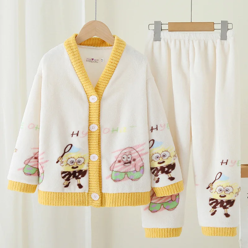 Kawaii Sanrio Kuromi Cinnamoroll Children Cardigan Pajamas Cute My Melody Winter Warm Coral Fleece Thicken Girl Home Pajamas Set