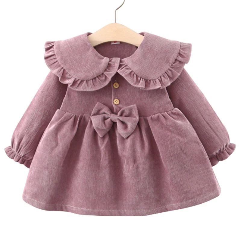 New In 2024 Spring Autumn Toddler Girl Clothes Korean Cute Bow Doll Collar Fleece Pink Baby Princess Dress Kids Dresses BC2145