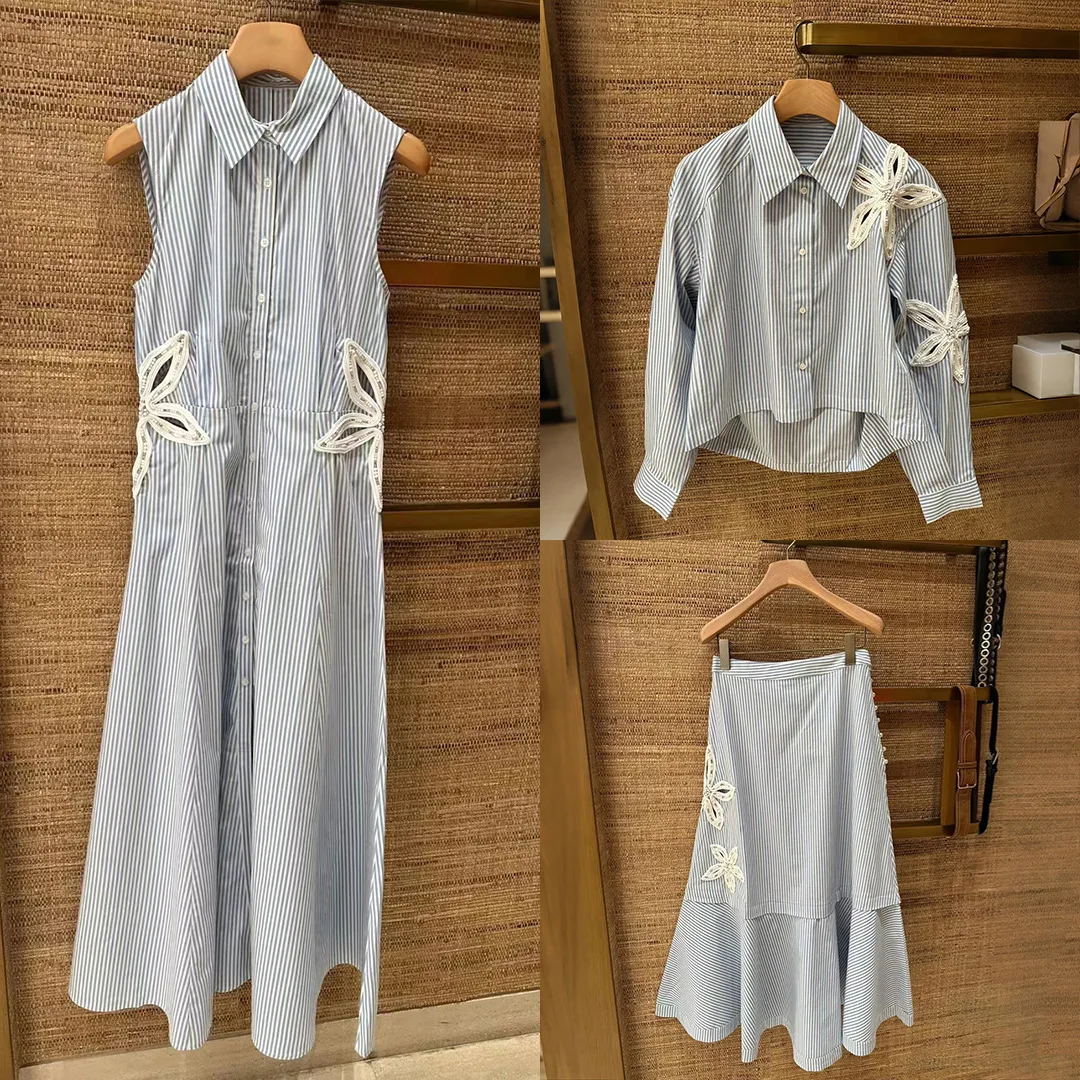 

Hollow Out Blue Striped Women's Suit Sleeveless Turn-Down Collar Dress+Single Breasted Long Sleeved Shirt+High Waisted Skirt