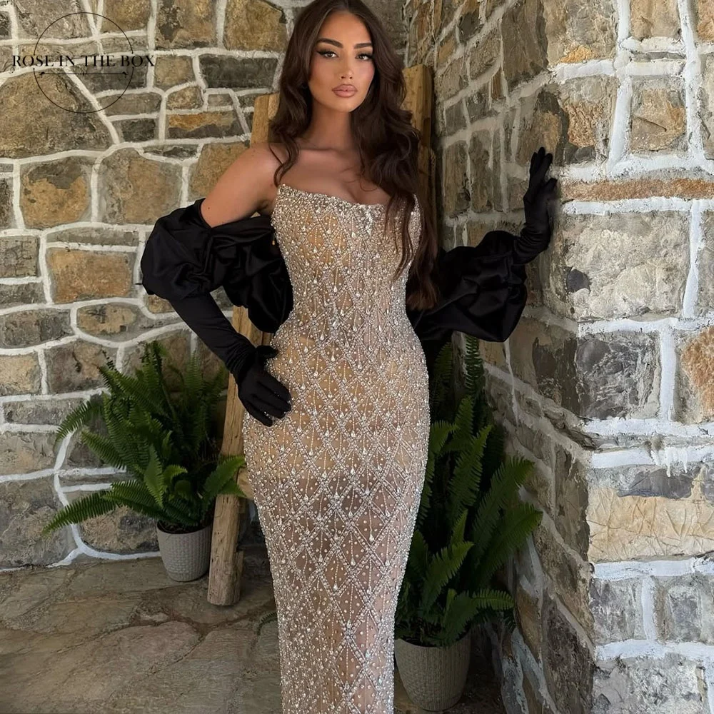 

ROSEINTHEBOX Customized Mermaid Strapless Lace Crystal Evening Dresses with Gloves Bodice Sexy فساتين سهرة For Women