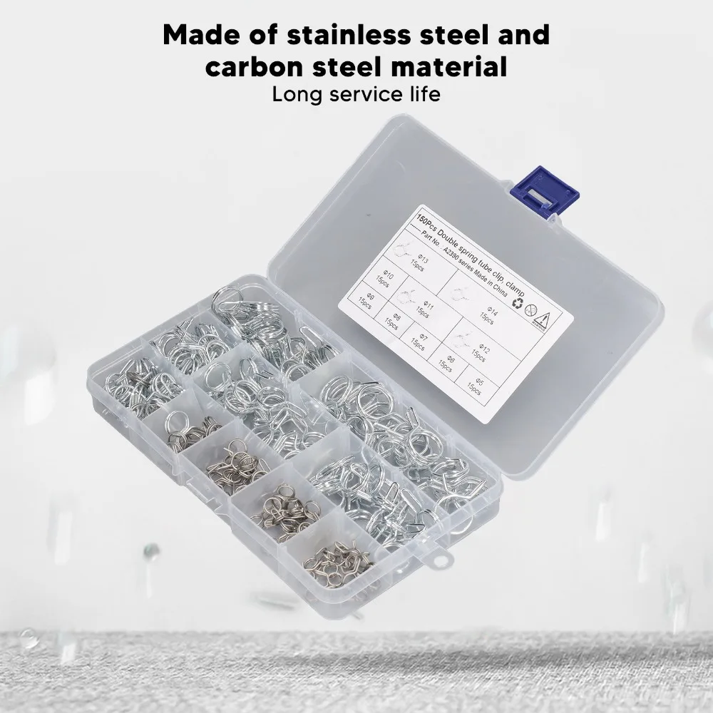 150Pcs 5-14mm​ Double Wire Spring Clips​ High Hardness Corrosion Resistance Spring Hose Clamps Stainless Steel Double Wire