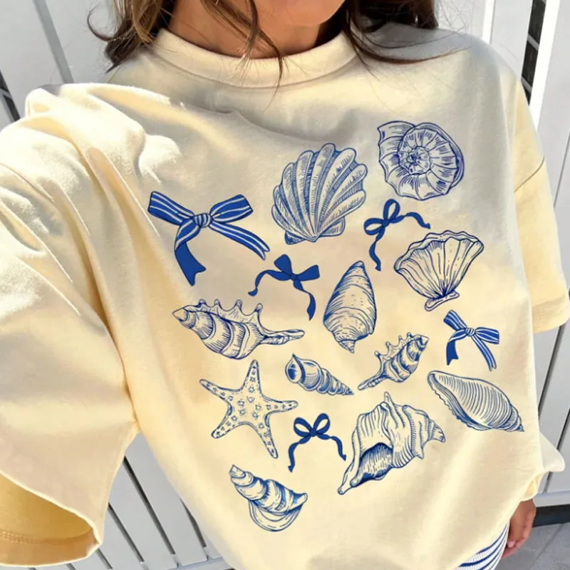 Summer American Retro Y2k Marine Animal Conch Bow Pattern T-shirt Women's Loose Round Neck Street Clothing Half-sleeved Top