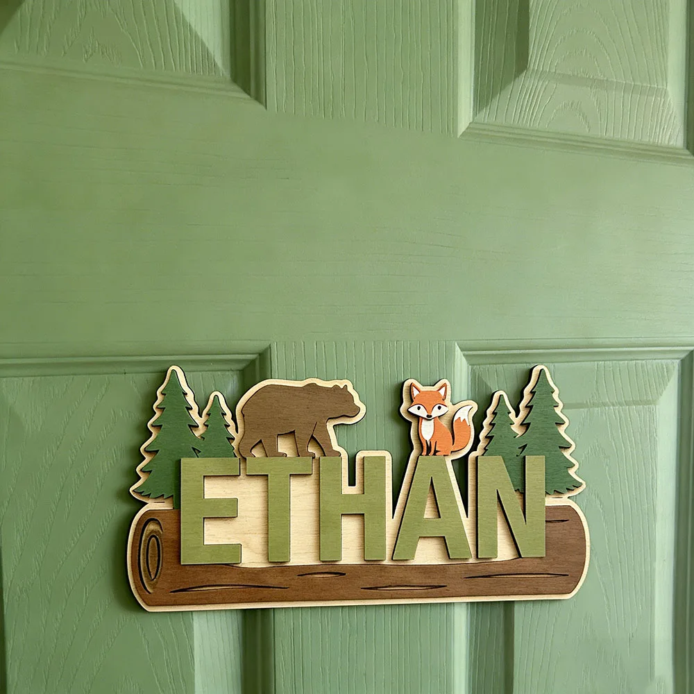 Woodland Forest Animal Personalized Name Wooden Sign Custom Bear Fox Pine Tree Log Plaque 25cm Kids Nursery Door Wall Decor Birt view 3