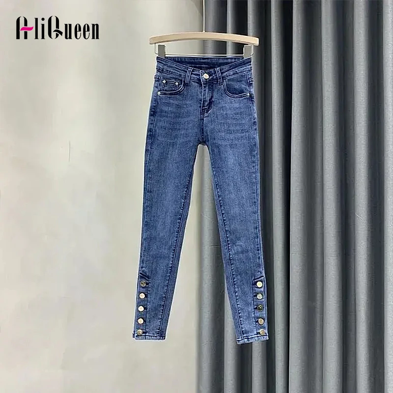 

High Waisted Women Vintage Blue Pencil Jeans Female Casual Ankle-length Stretch Side Buttons Denim Pants Streetwear Mom Jeans