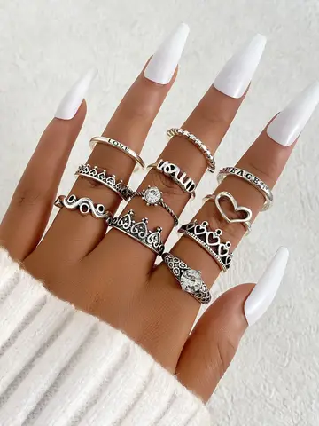 Vintage Silver Color Heart Crown Rhinestone Ring Set, 11 Piece Elegant Jewelry for Women, Stylish Hollow Out Design, Trendy Jewellery Accessories, Vintage Promise Rings, Rhinestone Decor Ring, Fashion Heart Rings, Finger Rings