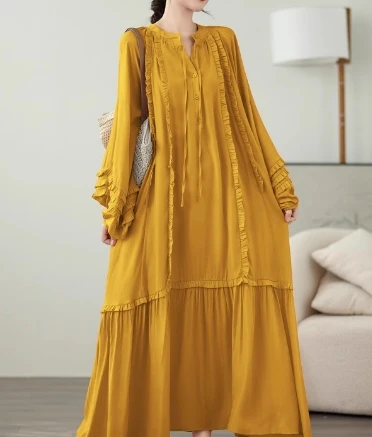 Vintage O-neck Lace-up Single Breasted Fashion Lantern Long Sleeves Elegant Loose Ruffle Dress Korean High Street Women Clothing