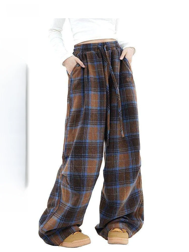 

Женские повседневные прямые брюки XFX в американском ретро-стиле, в клетку, свободного кроя, с широкими штанинами, с высокой талией, длинные, из полиэстера