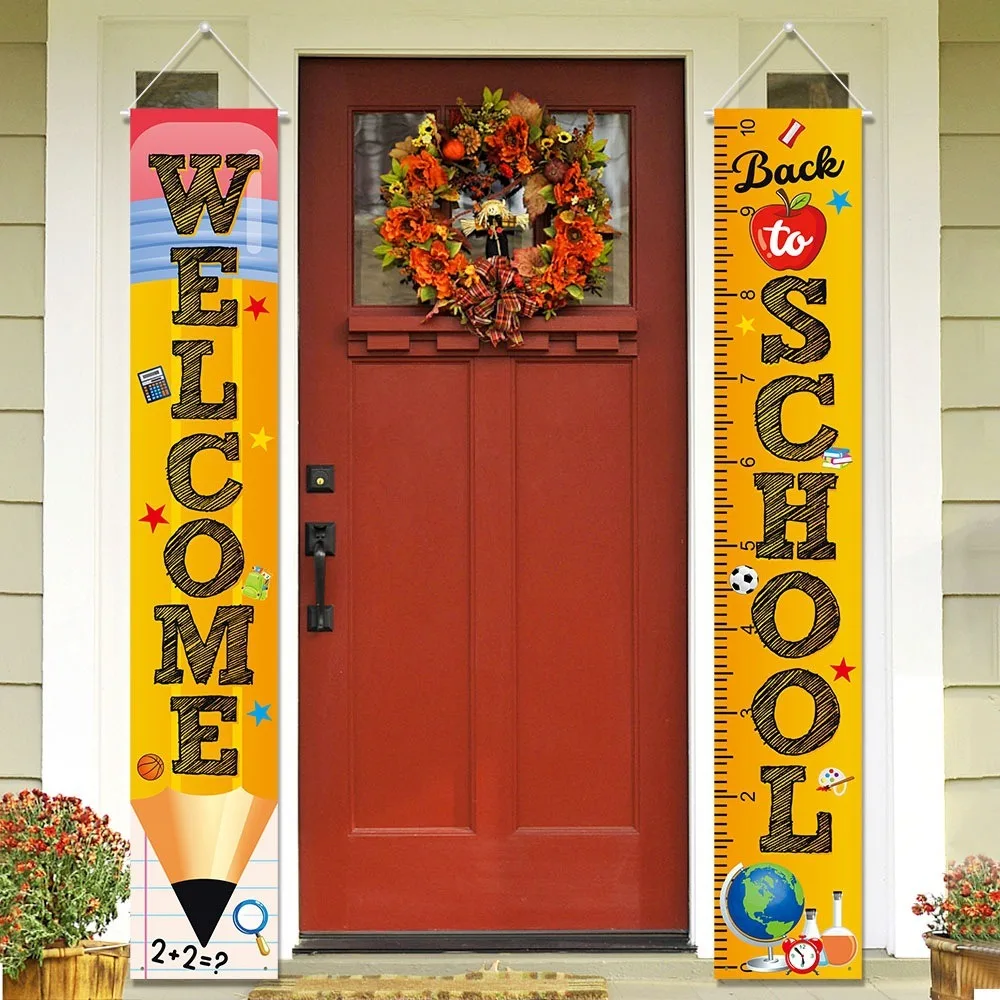 Back to School Door Banner Set, "Welcome" & "Back to School" Pencil & Ruler Porch Signs for Classroom Party Supplies view 4