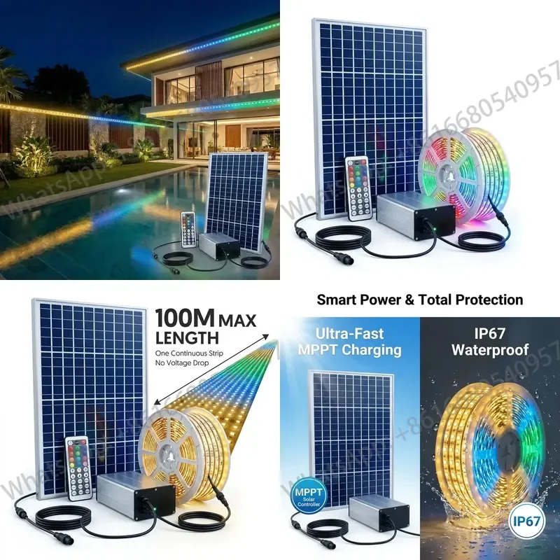 Waterproof IP67 Solar RGB LED Strip Light 10M Remote Control Dimmable Pole Mount Landscape Lighting for Smart City