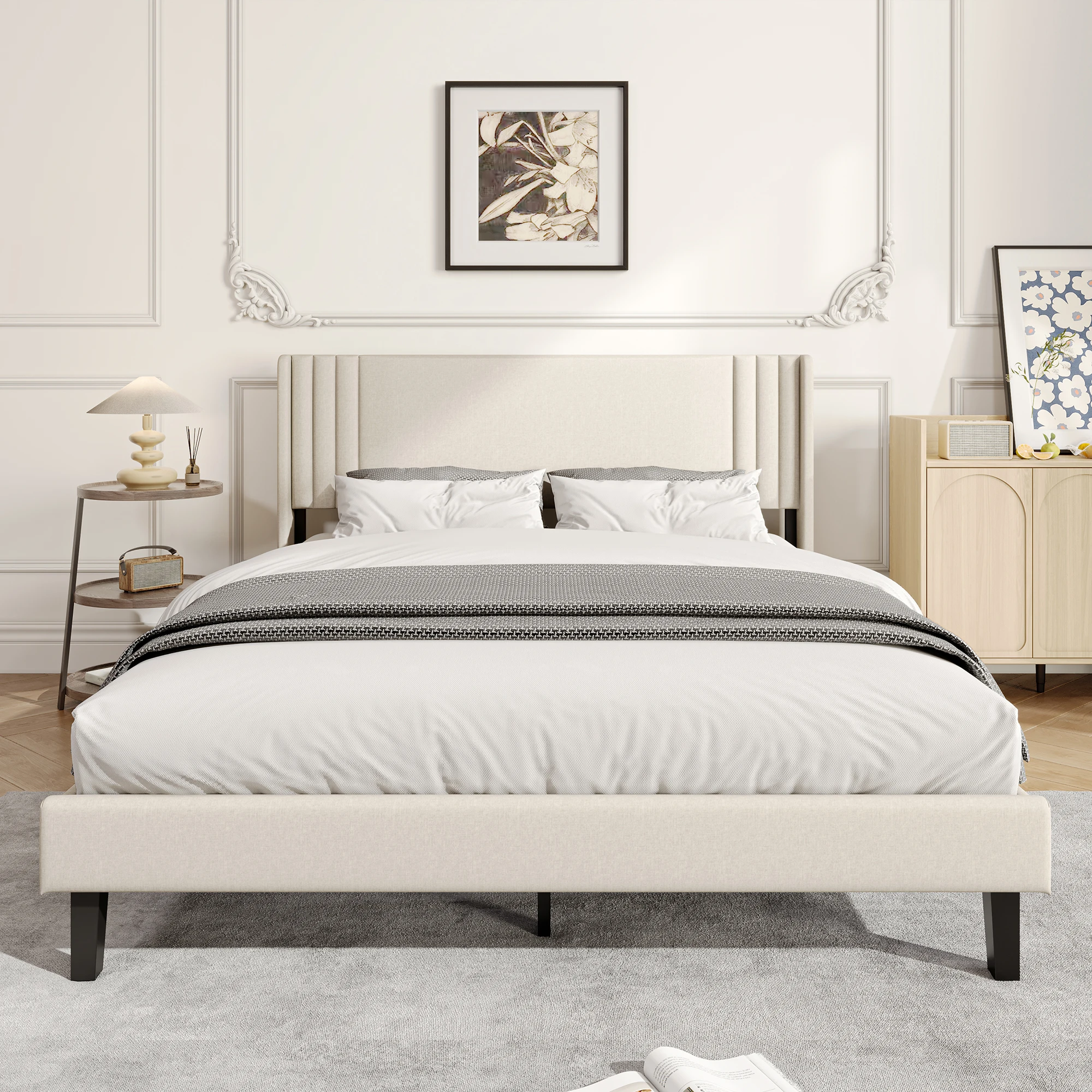 Fangange Letto Matrimoniale Imbottito 140x200/160x200 cm, Letto a Piattaforma in Tessuto Lino con Testiera Wingback, Supporto a Doghe in Legno, Letto
