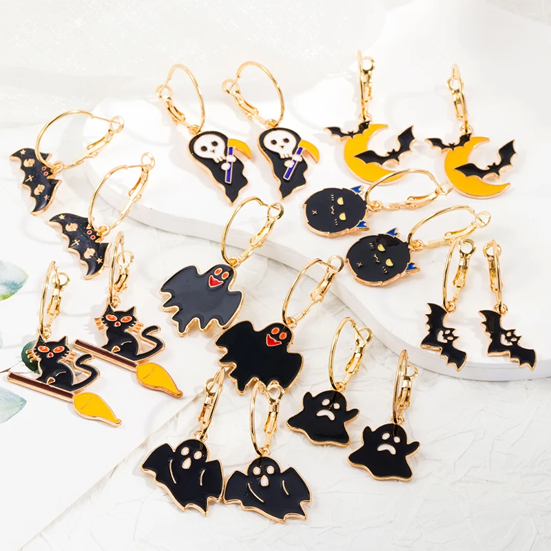 High Quality Alloy Enamel Halloween Theme Drop Earrings Funny Cute Ghost Cat Death Dangle Earrings Party Jewelry For Women