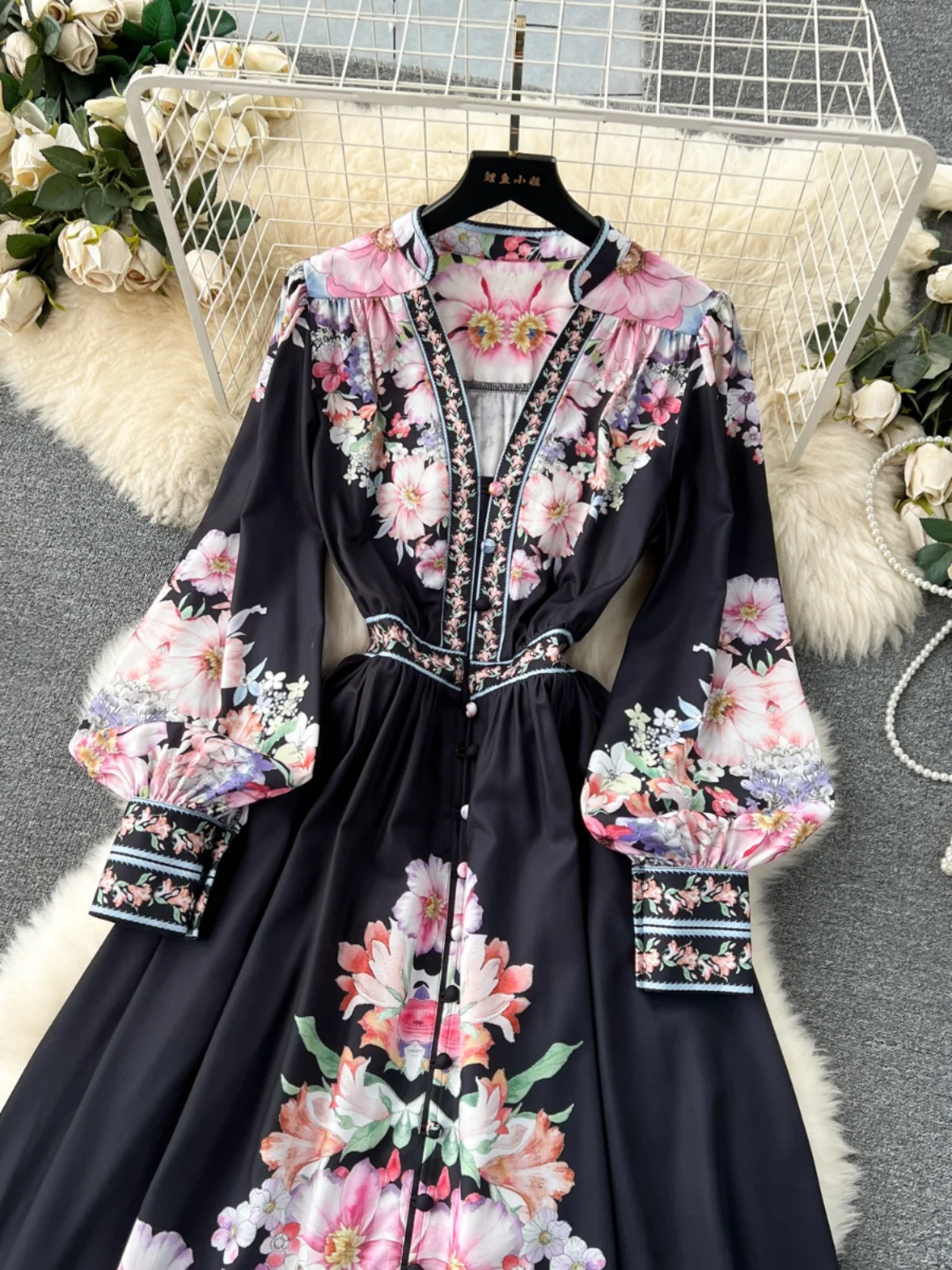 Ele longue bulle Sve Dr bouton détail rétro imprimé coupe ajustée printemps 2024 coréen Sle taille haute robe trapèze