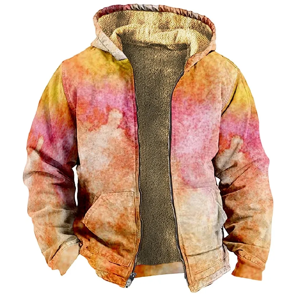 Winter Coats For Men Women Tie Dye Hoodie Long Sleeve Stand Collar Zipper Sweatshirt Fashion Clothes 2024