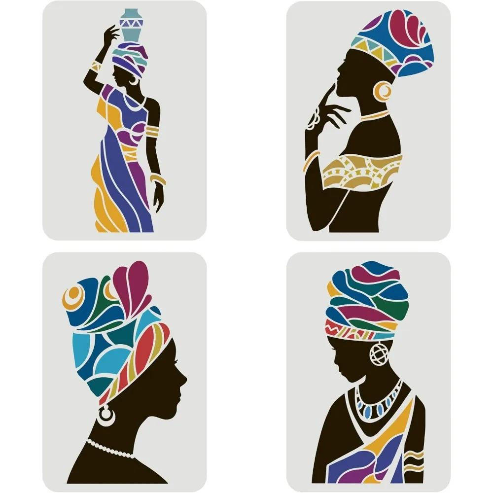 4PCS Tribal Women Stencil 11.7x8.3 inch, Tribal Wall Stencils for Painting Reusable Large DIY Art and Craft Stencils PET