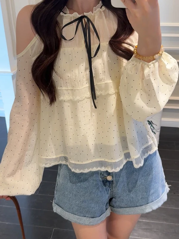 

Chic Polka Dot Shoulder Bared Shirt Women's Spring 2026 New Style Elegant Doll Top Unique Beautiful Chiffon Blouse Fashionable