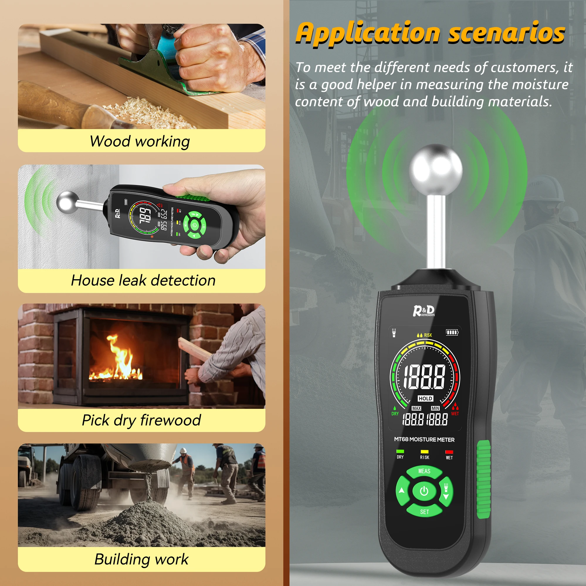 R&D MT68 Digital Wood Moisture Meter Non-contact Timber Damp Detector LCD Screen Hygrometer Alarm Humidity Tester Pinless Detect