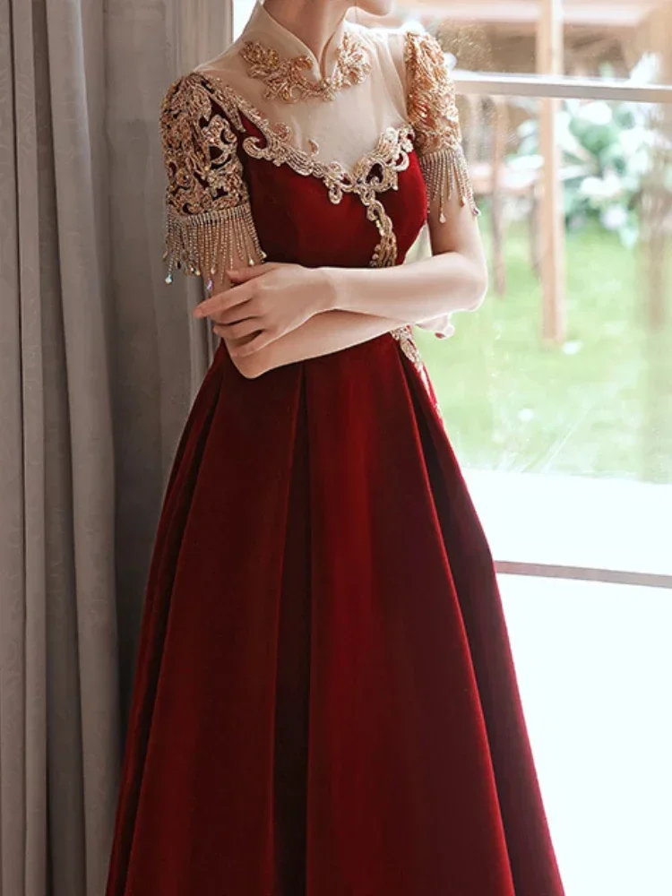 Fashion Chineses Velvet Lace Spliced Wedding Party Dresss Exquisite Sequin Floral Appliques Stand Collar Gown Slim Fit Vestidos