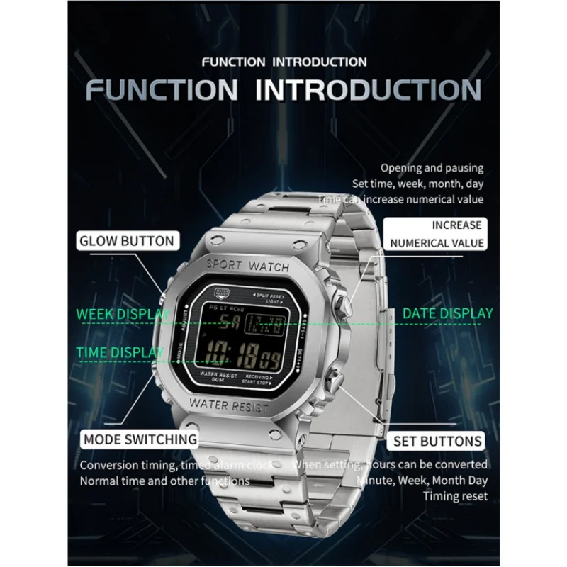 SANDA 2162 Electronic Watch Men Square Multifunctional Wristwatch Fashion Night Light Waterproof Sports Digital Watches for Male