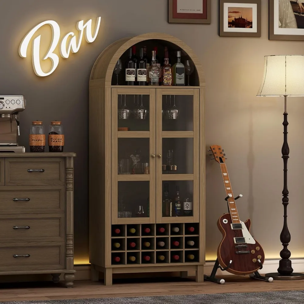 Lemari Anggur dengan Pintu Kaca Melengkung Tinggi, Penyimpanan Bar Kopi Bergaya Rustic dengan Rak Anggur, Rak Penyimpanan Minuman Keras Besar
