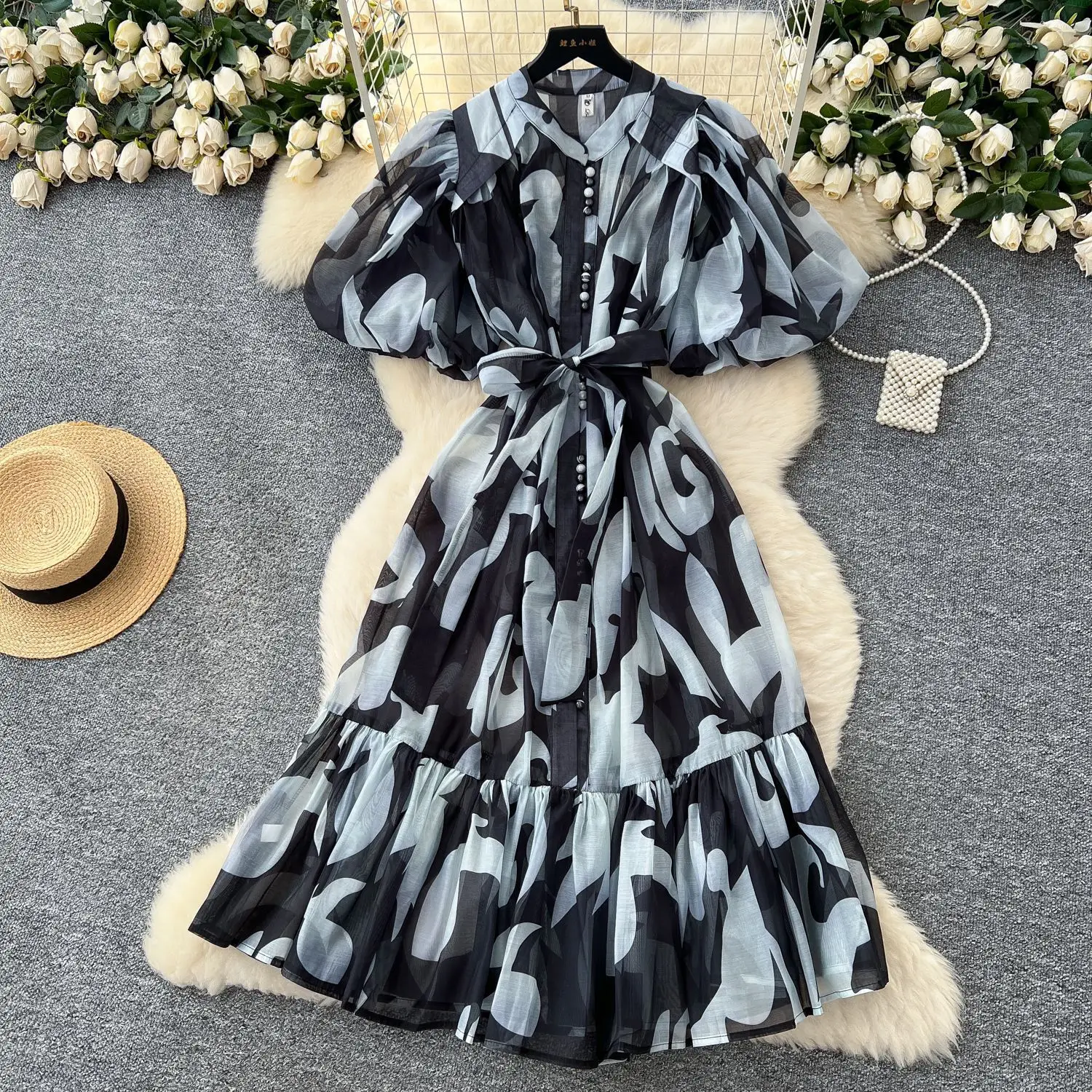 

Midi Dresses Women Single Breasted Dress Print Puff Sleeved Loose Round Neck High Waist Bandage Casual Vestidos Folds Y2k