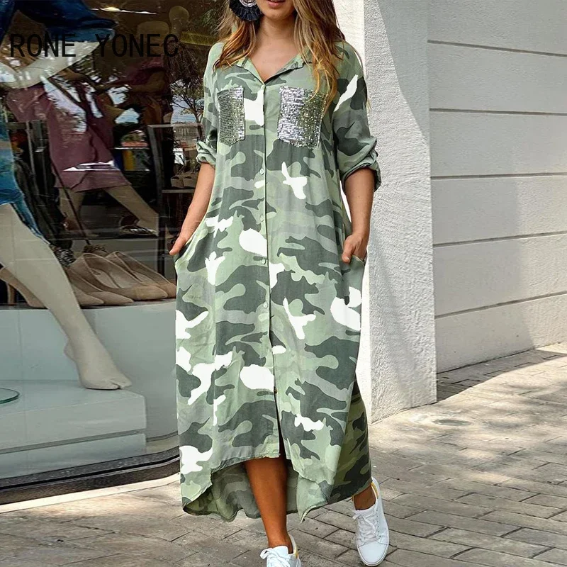 

Women Elegant Dress Camouflage Print Sequins Pocket Design Maxi Casual Dress Summer Dress