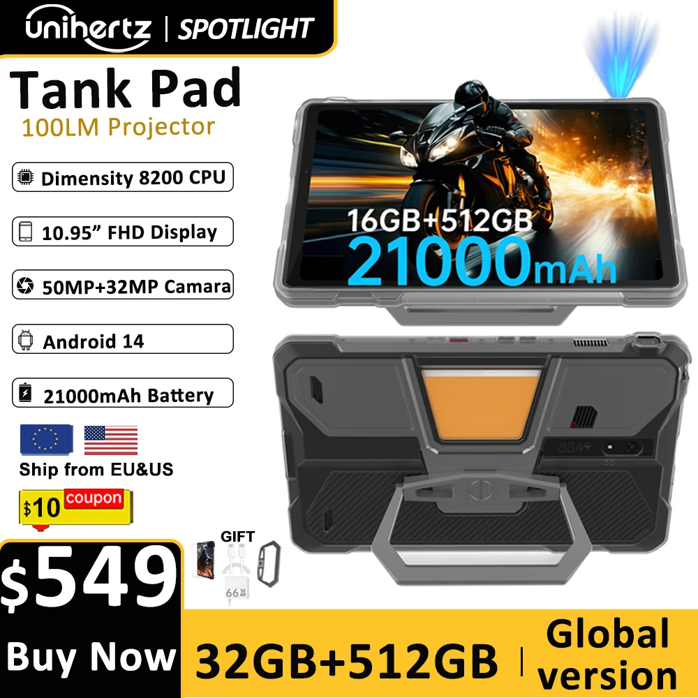 Unihertz Tank PAD 8849 Rugged Projector Tablet Android 32GB 512GB 21000mAh 10.95