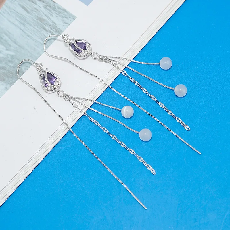 Luxury S925 Sterling Silver Earrings Purple Tulip Tassel Ear Line Opal Earrings For Women Jewelry