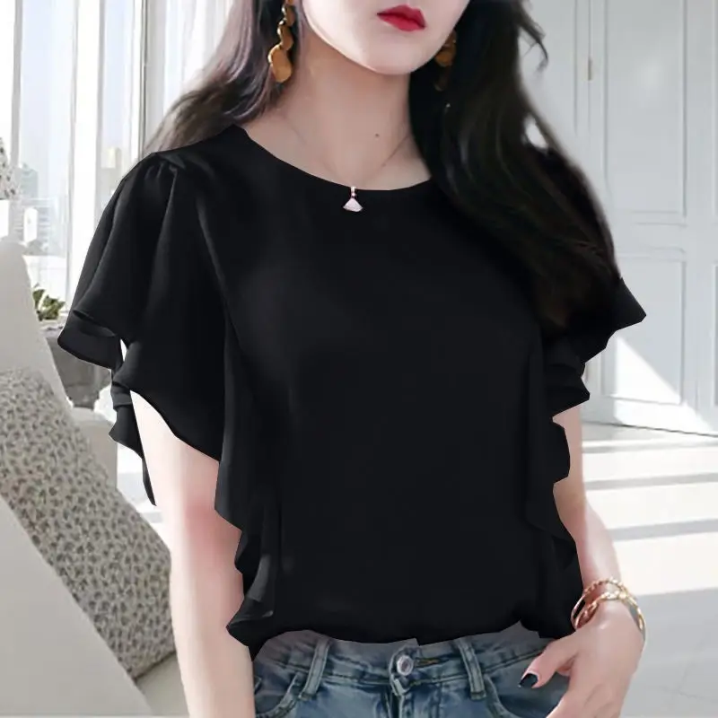 Temperament Ruffles Loose Tops Tees Summer New Short Sleeve Solid Color All-match Office T Shirts Vintage Fashion Women Clothing