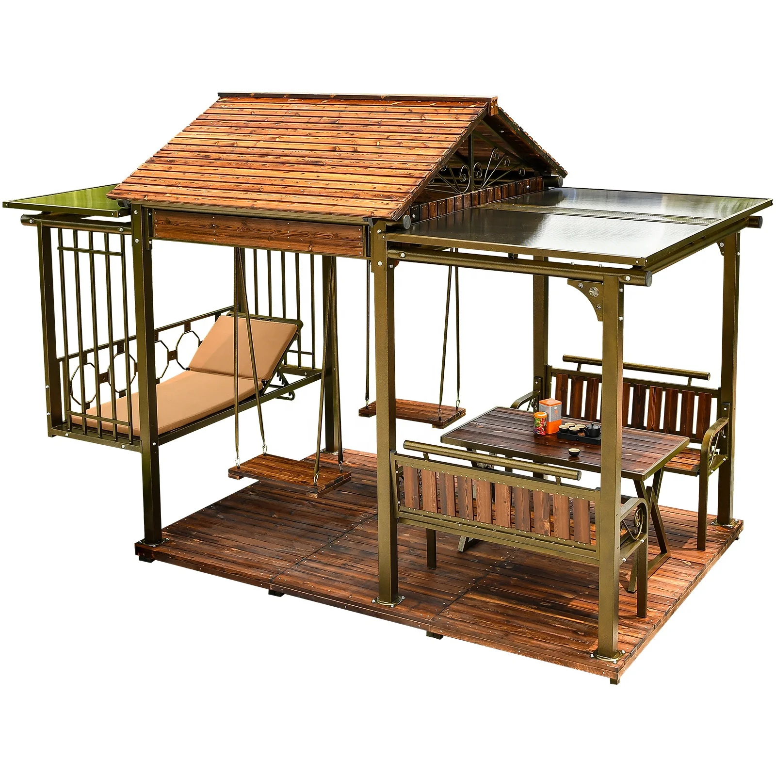 

Seven Celestial Being Pavilion Outdoor Set with Lying Bed Hanging Swings Chairs with Table Canopy & Gazebo & Pergola