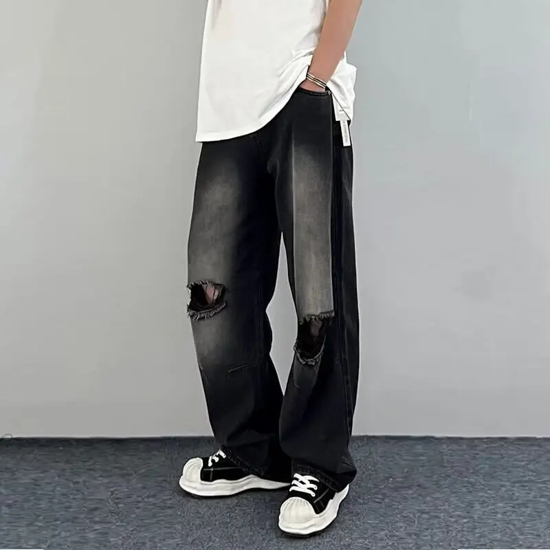 

Teenage plus Size Ins Retro Casual Denim Jeans American High Street Trend Loose Student Hole Long Pants Casual Loose Fit Jeans