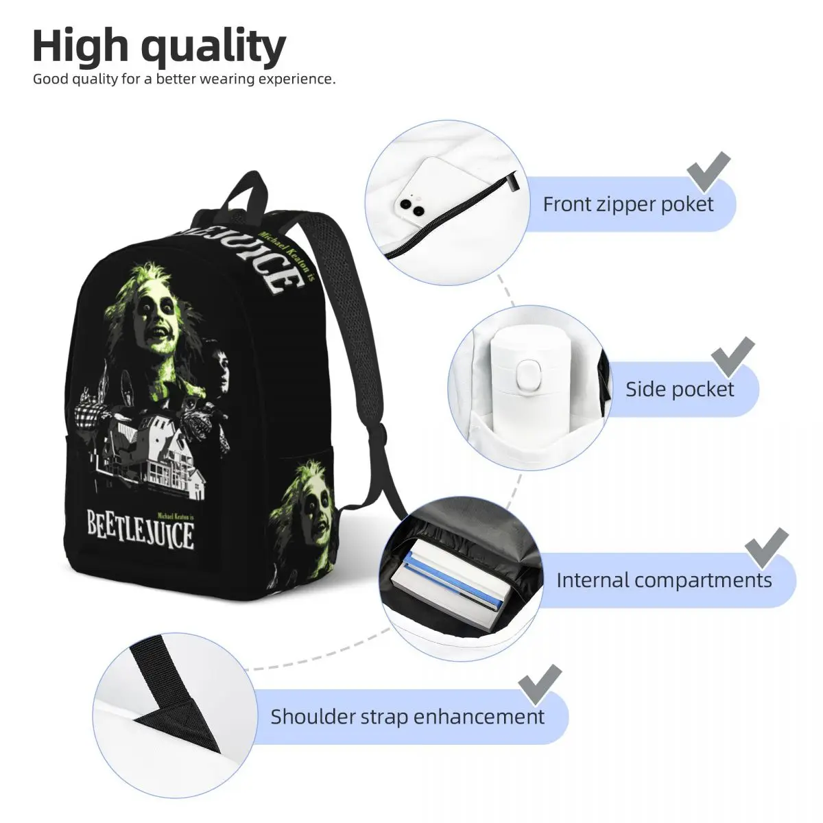 B-Beetlejuice Spooky Movie Ghost Backpack Men Women Teenage High School Work Daypack Halloween Horror College Canvas Bag Durable