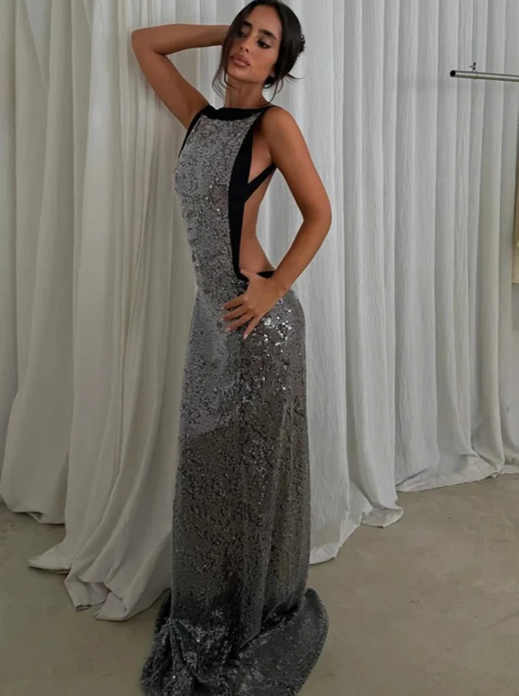 

Women's Sparkle Glitter Maxi Dress, Backless Sexy Bodycon Gown, Elegant Patchwork Sleeveless Club Party Dress