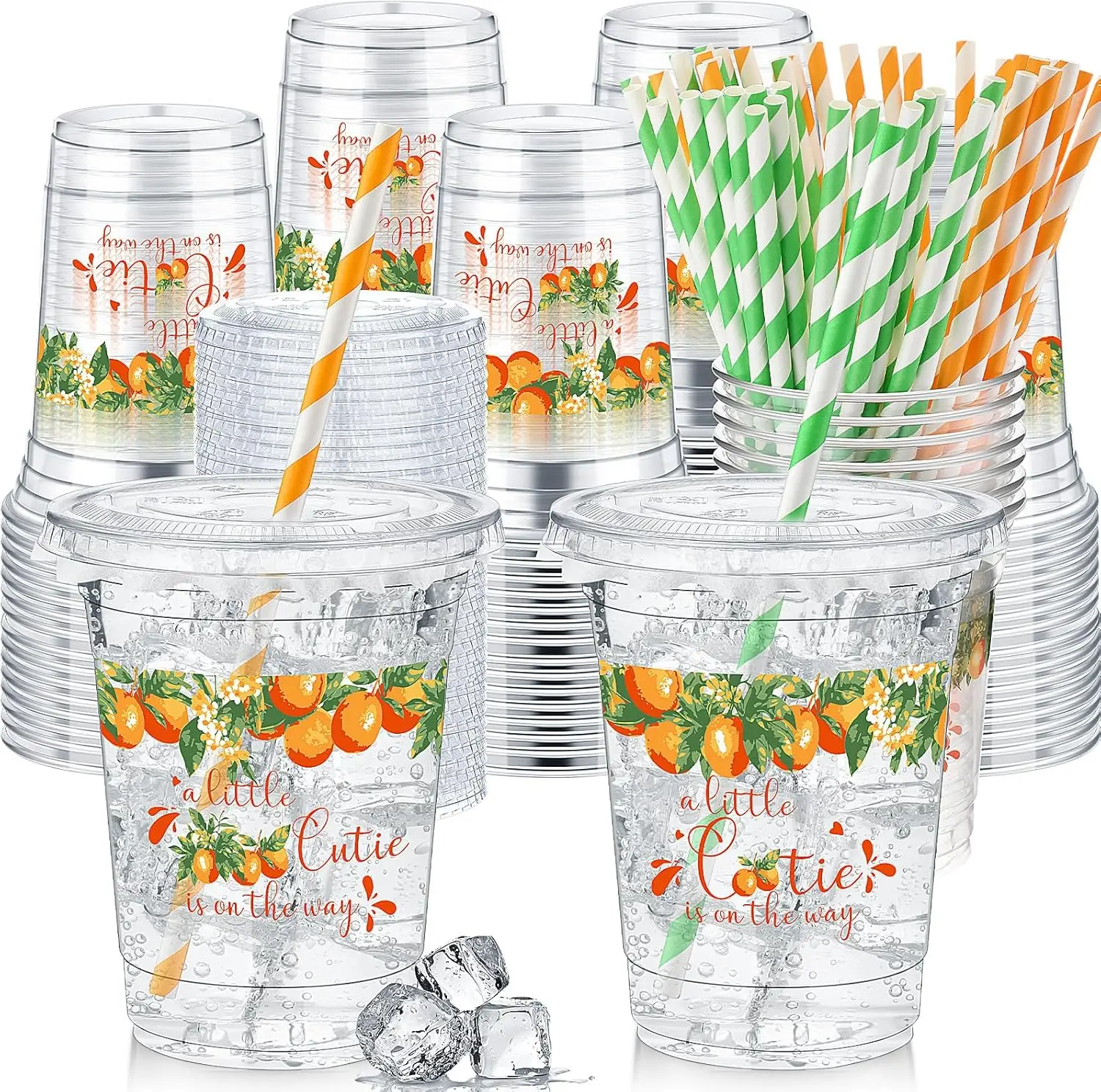 

50 Pcs Cutie Baby Shower Party Plastic Cup 12 oz a Little Cutie Is on The Way Thick Clear Cup Lids Straws Baby Shower Ge