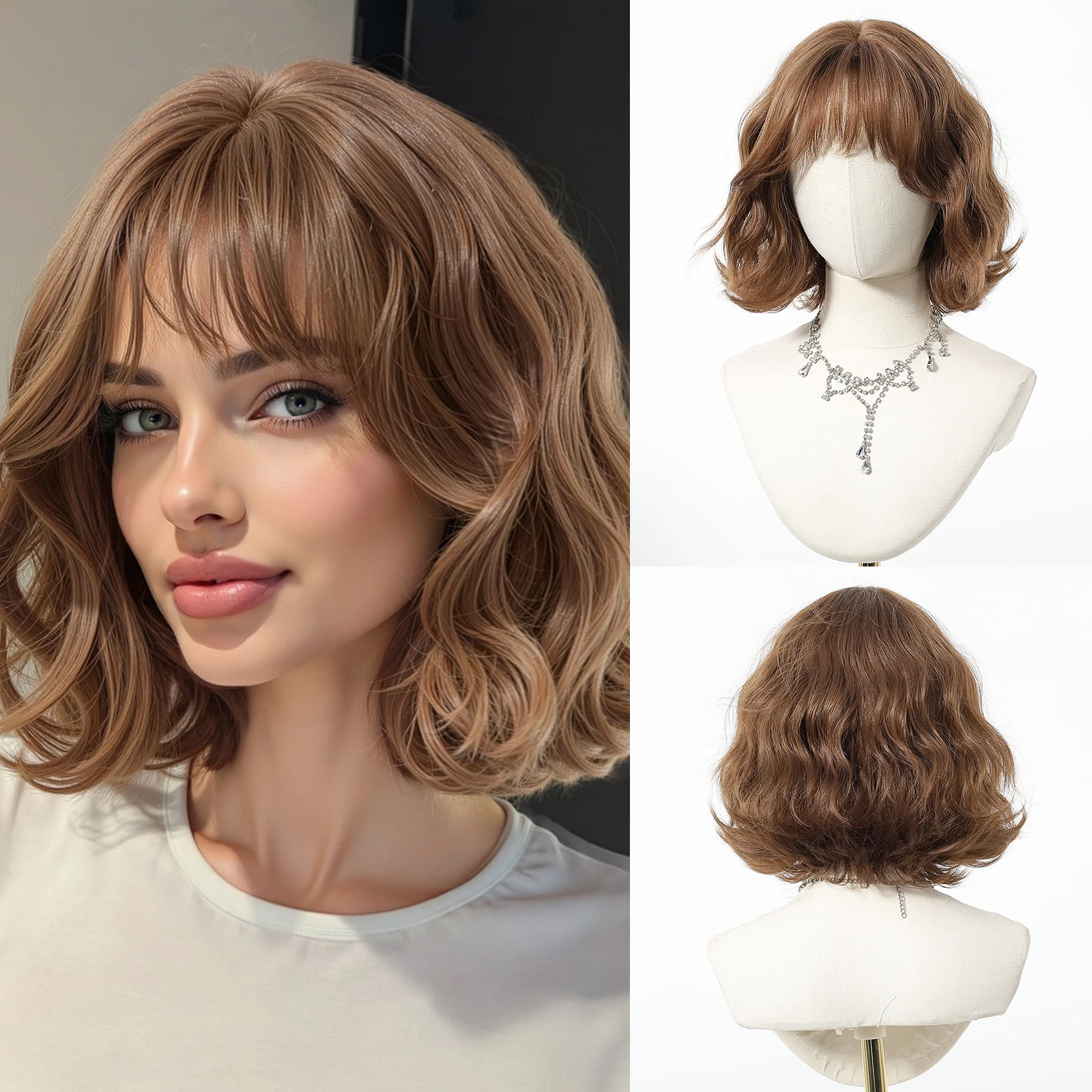 Honey Brown Synthetic Wigs Short Wavy Wig For Women Cosplay Party Daily Natural Fake Hair With Bangs Lolita Wig Heat Resistant