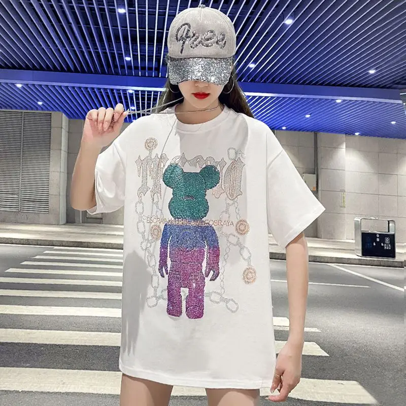 Summer  T-Shirt Women\'s Rhinestones Shirts Cartoon Top  New Pullover Korean Y2K Top KPop Clothes Shirts Women