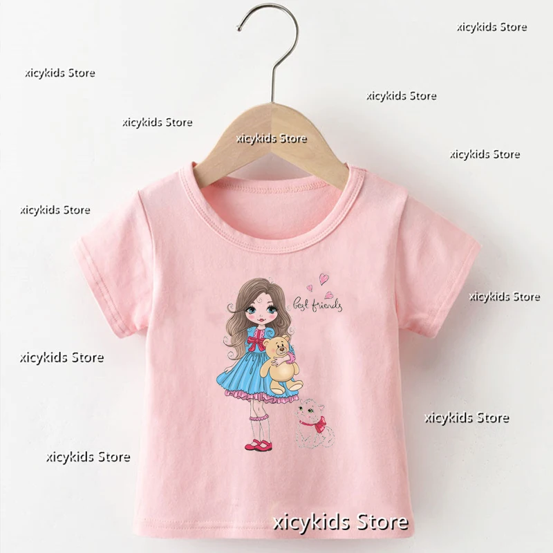 New girls t-shirts Cute Little Princess Graphic Print Girls Pink Short Sleeve Top Fashion kids tshirts Birthday Gift baby Tops