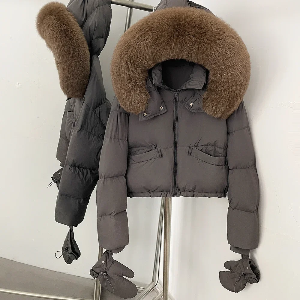 OFTBUY Neue Kapuzen-Daunenjacke, kurze Winterjacke mit echtem Fell, Pufferjacke mit abnehmbaren Handschuhen, Damen-Daunenjacke mit echtem Fuchsfell – Detail 20